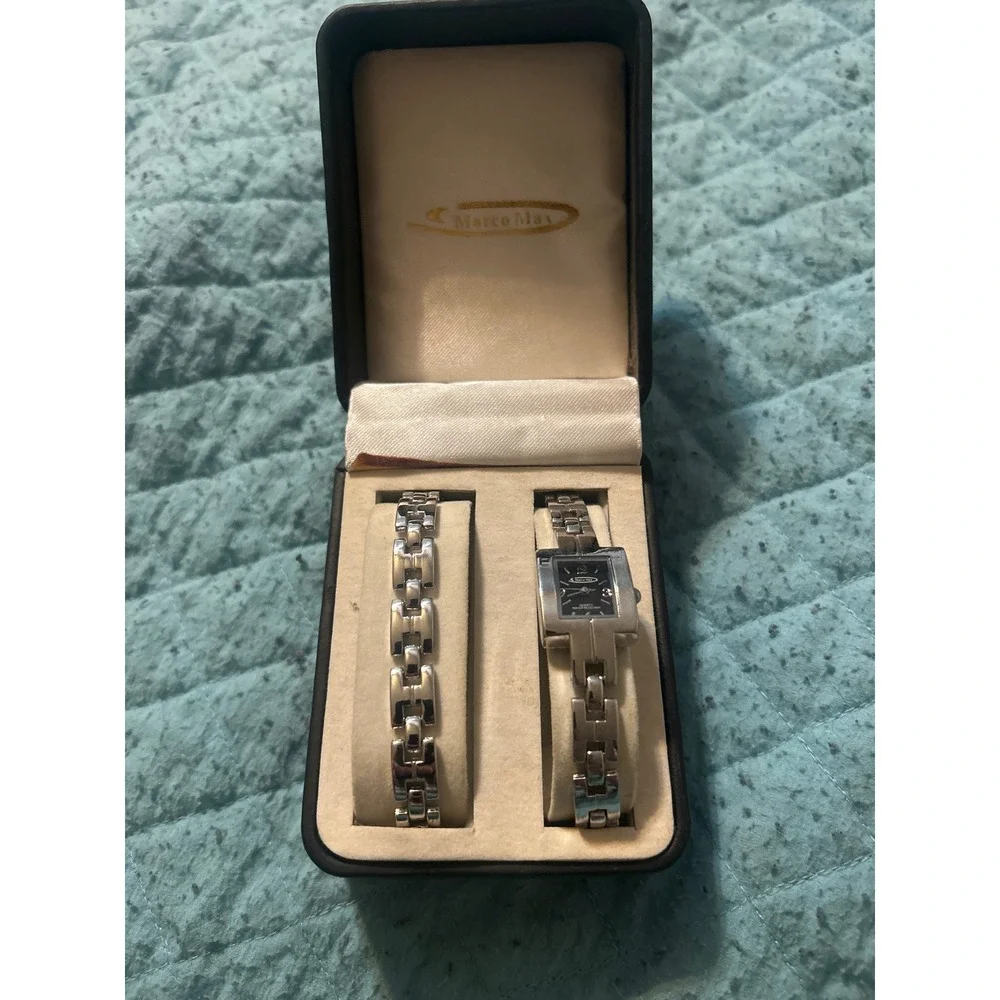 Marco Max Womens Silver Tone Watch and Bracelet Set Black Rectangular‎ Dial